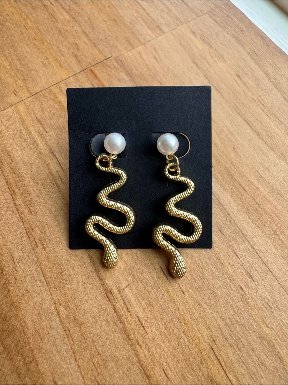 Hand Crafted Gold Snake Drop Earrings with Pearl Studs
